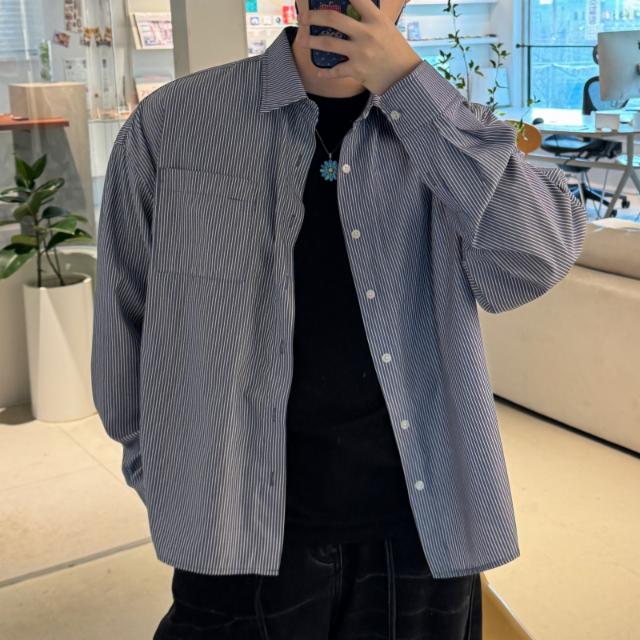 딥 클래식 스트라이프 크롭 셔츠 오버핏 코튼셔츠 면 남방 포켓셔츠 사계절 레이어드