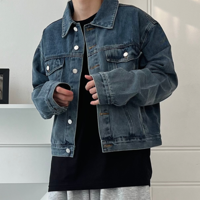 [국내제작/26ss] 데일리 빈티지 워싱 데님자켓 벌룬 버클 오버핏 블루종 카라 청자켓