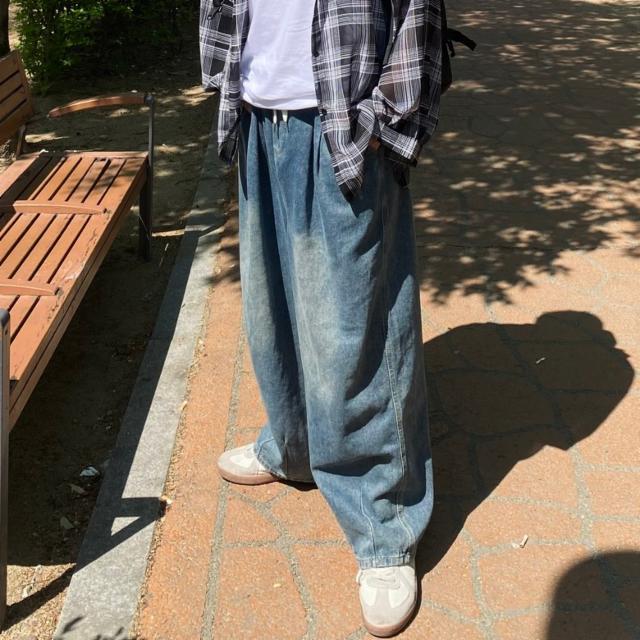 [1+1할인] 벌룬 와이드 밴딩 데님 팬츠 핀턱 워싱 루즈핏 오버핏 청바지