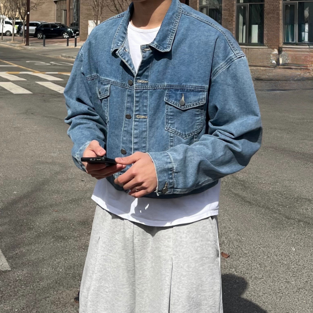 오버핏 크롭 데님 워싱 트러커 자켓 남자 청자켓 (2color)