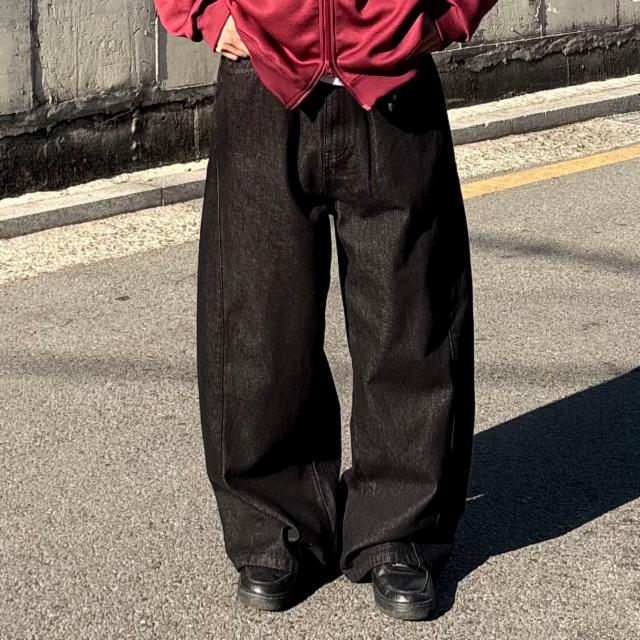 [당일출고] 커브드 라인 생지 데님 팬츠 와이드 청바지 흑청 진청 2color