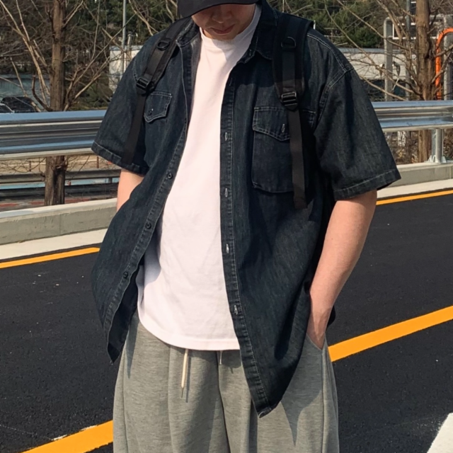 포켓 데님 반팔 셔츠 남친룩 데일리룩 데님셔츠 2color