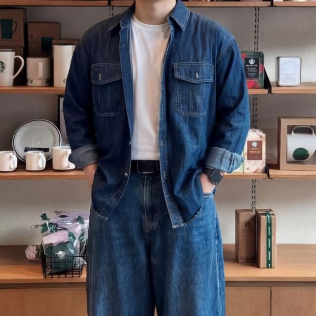 [1+1 할인] 오버핏 청셔츠 데님 남방 투포켓 봄 자켓 긴팔 아우터