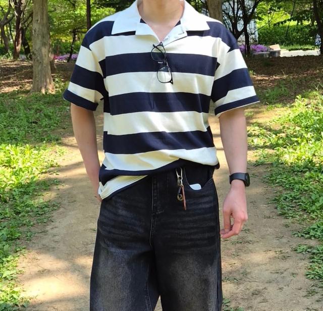 데일리 빅 스트라이프 카라 반팔티 루즈핏 럭비 남친룩 티셔츠 반소매 박스 남녀공용 여름 봄 가을