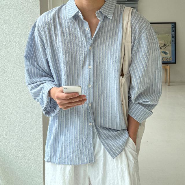 [1+1할인]썸머 쿨링 빈티지 믹스 스트라이프 시어서커 오버핏 코튼 카라 셔츠 봄 가을 벌룬핏 단가라 린넨 남방