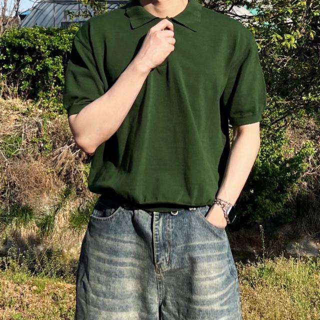 쿨링 카라티 버튼 린넨 머슬핏 하프 니트 반팔