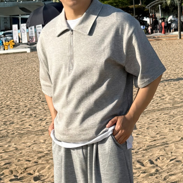 [1+1 할인] 에어 반집업 카라 반팔 티셔츠 밴딩