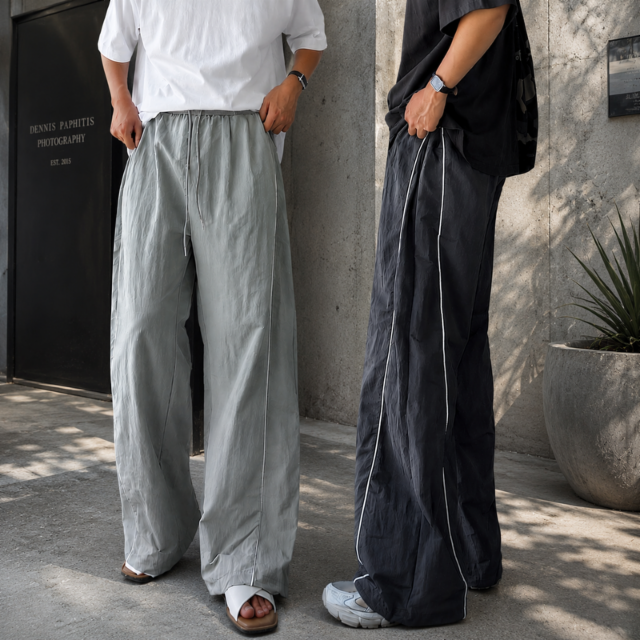 [당일발송][숏&롱][UNISEX]베스 남자 루즈 와이드핏 바스락 절개 나일론 커브드 밴딩 팬츠