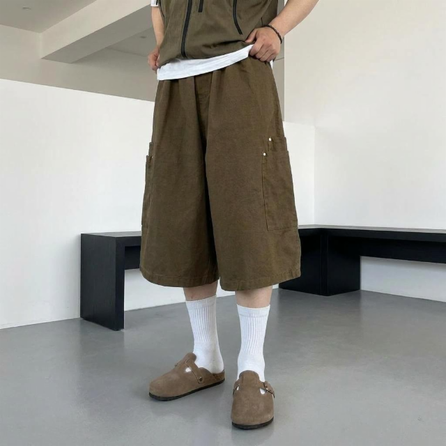 피그먼트 더블 카고 리벳 코튼 밴딩 버뮤다 팬츠 3color