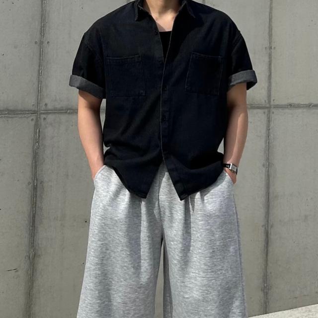 데님 반팔셔츠 하프 빅사이즈 포켓 여름 오버핏 카라 남방 흑청 진청 롤업