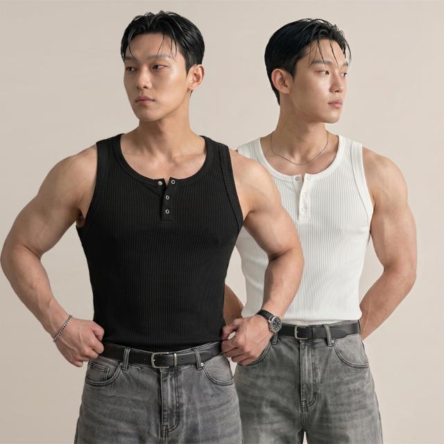 [헨리넥/라운드] 머슬핏 헨리넥 골지 나시 망고나시 이준나시 민소매 헬스 짐웨어