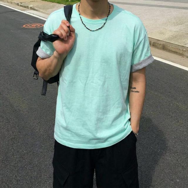 배색 롤업 레이어드 크롭 반팔 티셔츠 3color