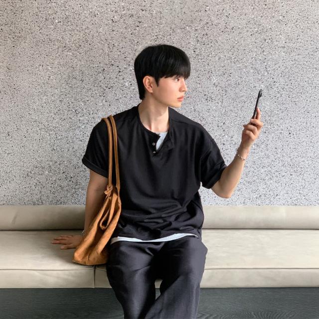 배색 골지 헨리넥 반팔 레이어드 티셔츠 2color 머슬핏 헬스 근육 여름 안비치는 케이블