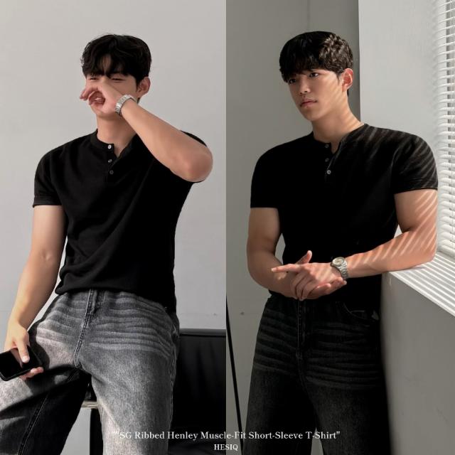 *1+1 반값 할인* [오늘주문,내일도착] SG 골지 헨리넥 머슬핏 반팔 티 2 Colors
