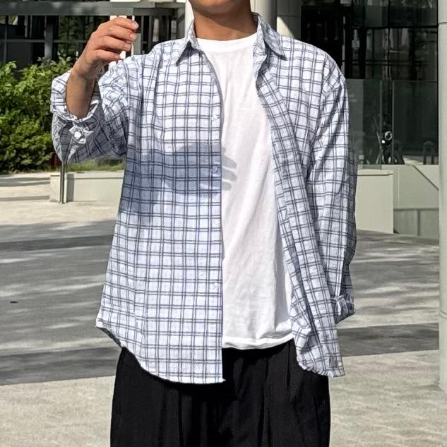 썸머 쿨링 시어서커 긴팔 체크 셔츠 남자 간절기 오버핏 2color