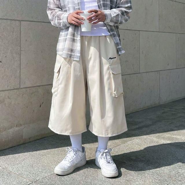 핀턱 레터링 자수 카고 나일론 버뮤다 와이드 팬츠 3color