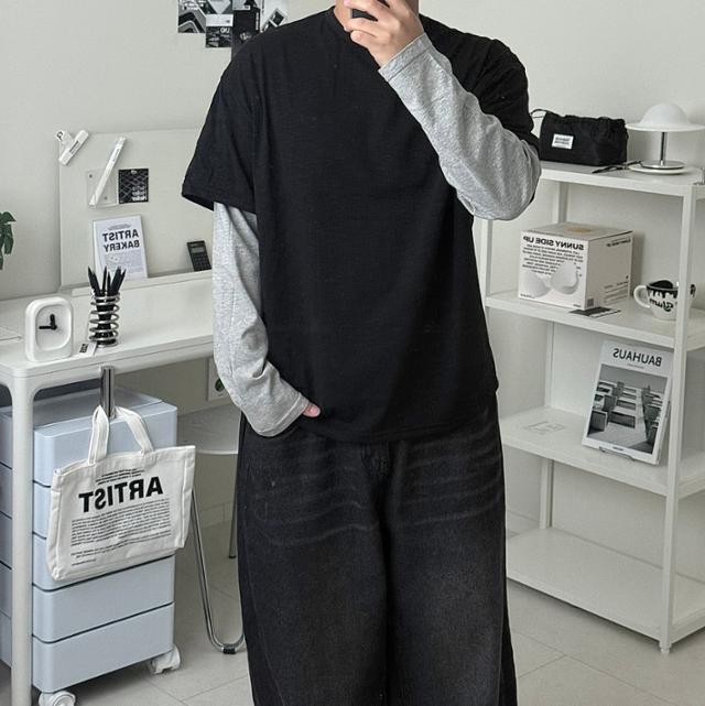 레이어드 라운드 긴팔 티셔츠 이중소매 오버핏 빅사이즈