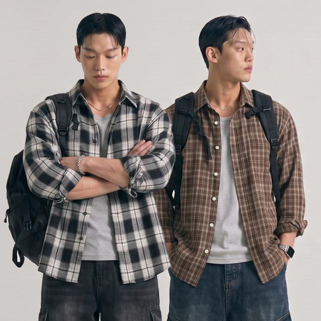 [1+1 할인][20컬러] 오버핏 체크 셔츠 남방 긴팔 여름 가을 린넨 기모 레이어드 셔켓