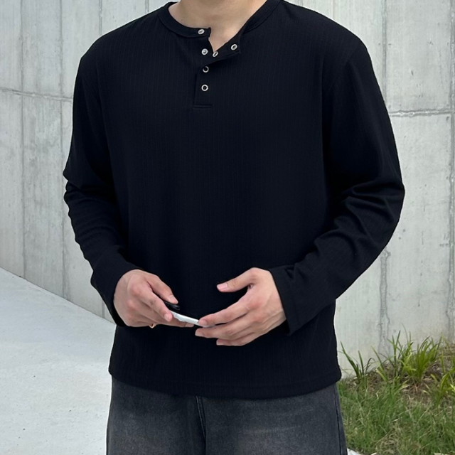 오버핏 헨리넥 골지 롱 슬리브 간절기 봄 가을 긴팔 티셔츠 (5color)
