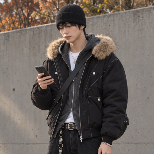 퍼 후드 배색 스티치 오버핏 숏패딩