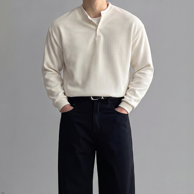[M~2XL] 세미오버핏 골지 헨리넥 니트 6color 3버튼 긴팔티 빅사이즈 니트