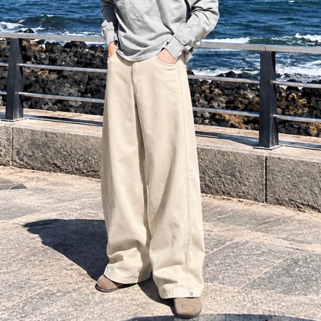 사이드 핀턱 와이드 면 팬츠 남녀공용 4color(캐쥬얼,스트릿,롱팬츠,코튼팬츠)