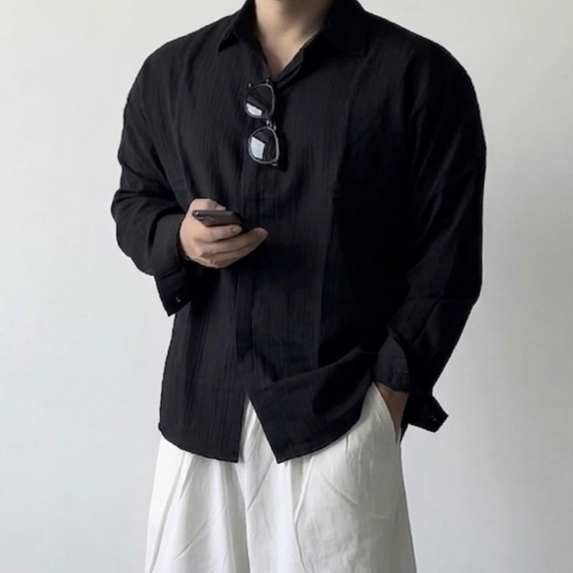 [당일출고/주문폭주] 오버핏 플리츠 셔츠 시어서커 바캉스룩 긴팔 여름 남방 블랙 화이트 2color