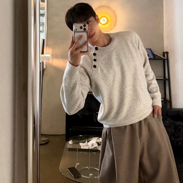어벨 사선 단추 크롭 라운드 니트 5color