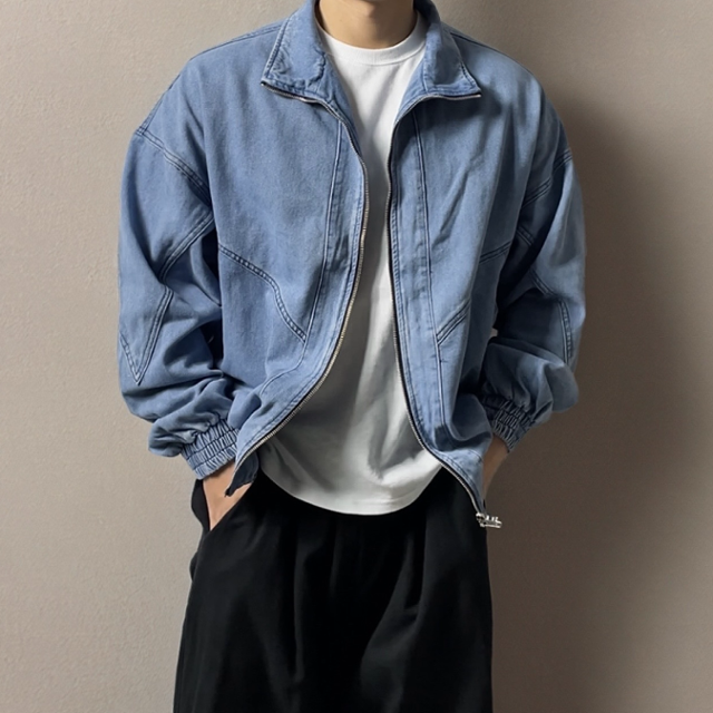 [당일출고] 투웨이 데님 자켓 벌룬핏 하이넥 블루종 집업 밴딩 카라 청자켓 오버핏 점퍼