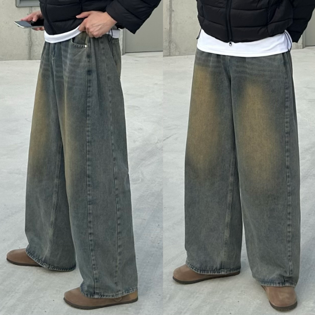 고퀄리티 워싱 사이드 핀턱 와이드 데님 팬츠 절개 벌룬핏 청바지 (4color)