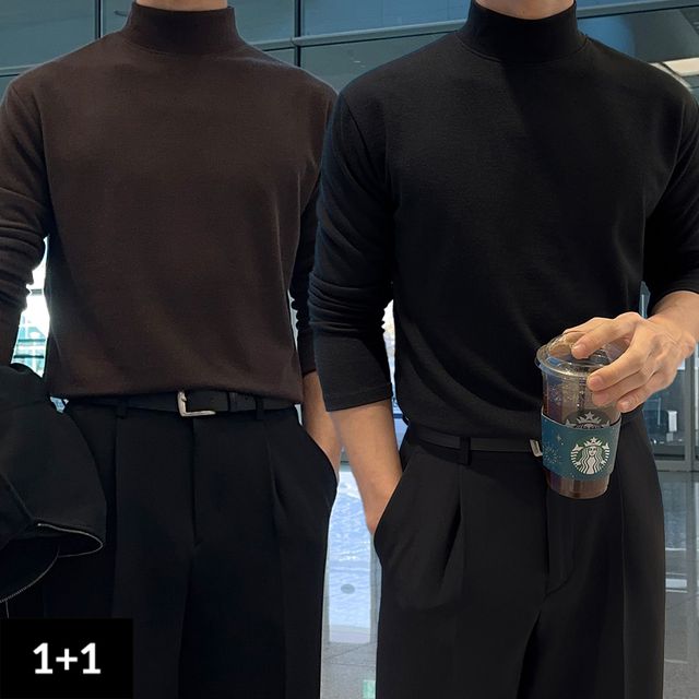 [1+1] 오버핏 반폴라 목티 폴라티 이너 레이어드 티셔츠 빅사이즈 터틀넥 폴라 긴팔 니트 목폴라티