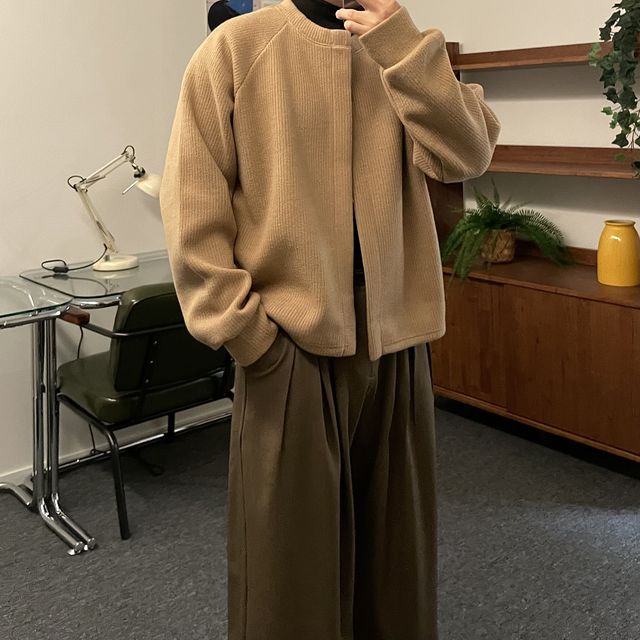 구김없는 라운드 헤비 오버핏 가디건 스냅 크롭 숏 울 니트 버튼 니트 아우터 루즈핏 레이