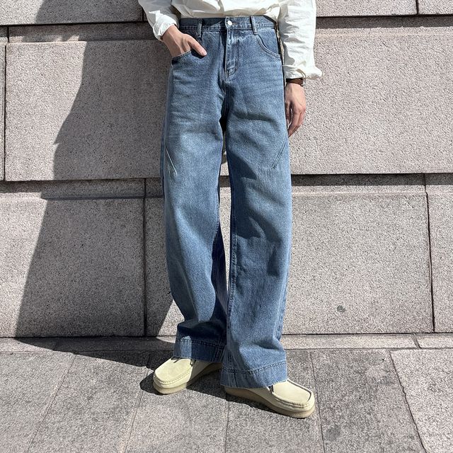 남자 사선 디테일 세미와이드 데님 청바지