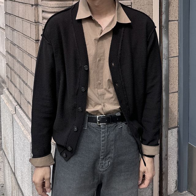 남자 양면 세미오버핏 브이넥 코튼 니트가디건