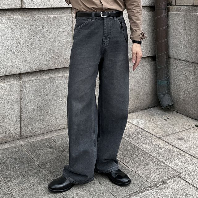 남자 니프 스트레이드 와이드 일자핏 데님 청바지