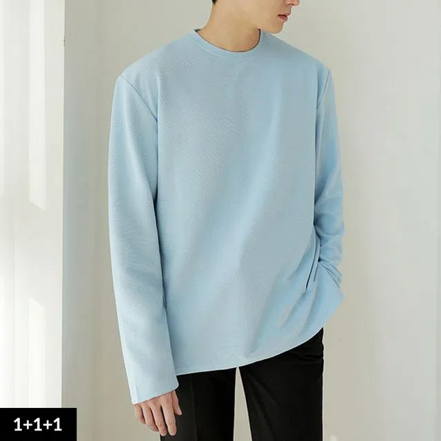 [당일출고] [1+1+1] 무지 데일리 오버핏 레이어드 라운드 트임 긴팔 티셔츠