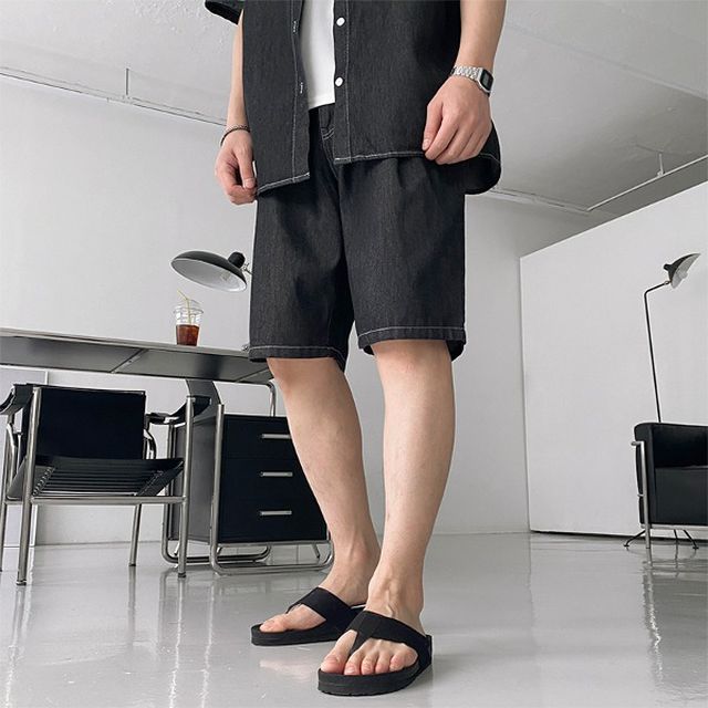 [1+1 할인] [당일출고] 연청 진청 흑청 프리미엄 스티치 버뮤다 와이드핏 오버핏 반바지 M L