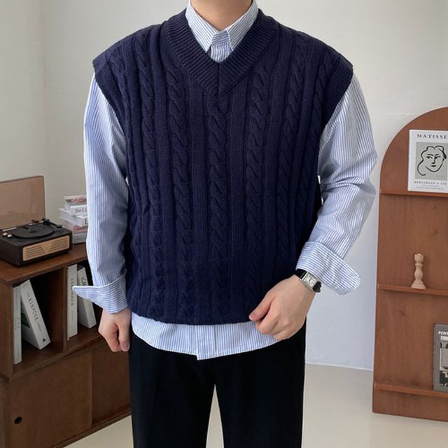 [국내생산] 봄 가을 겨울 이너 레이어드 오버핏 꽈베기 케이블 브이넥 니트 조끼 베스트
