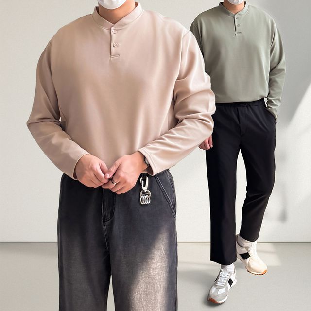 베이직 헨리넥 오버핏 무지 카라 긴팔티(4color)