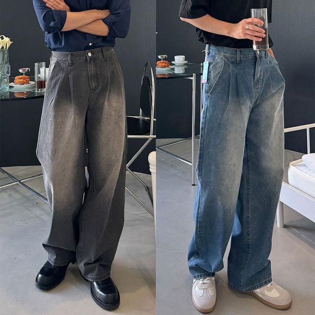 [1+1할인/당일출고] 워싱 투턱 와이드 데님 팬츠 더블턱 생지 연청 진청 흑청 그레이 바지 핀턱 워싱 세미 블랙진 일자 청바지