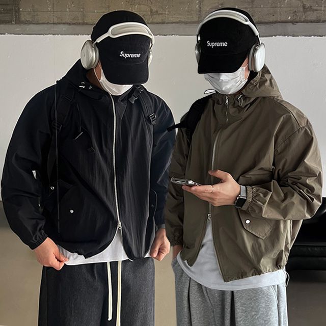 [퀄리티보장] 힙한 간절기 후드 바람막이 오버핏 윈드 브레이커 크롭 개파카 야상 점퍼 스트링 재킷 (5color)