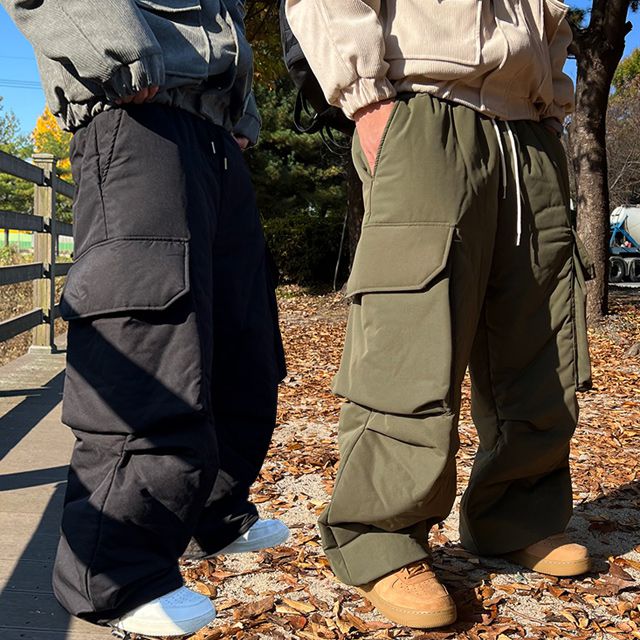 [국내생산/퀄리티보장] 3type 겨울 벌룬핏 패딩바지 카고 스냅 와이드 팬츠 기모 통바지 벌룬팬츠 누빔바지 깔깔이 방한복바지 온장고 빅사이즈