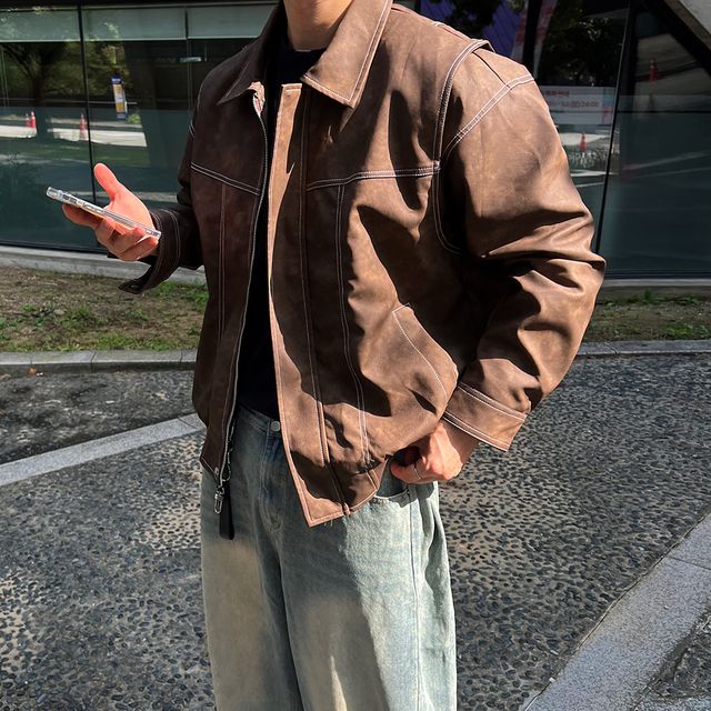 [최저가보장] 페닐 빈티지 고급 가죽 크랙 벌룬 스티치 레더 오버핏 크롭 트러커 블루종 자켓 빅사이즈 아우터