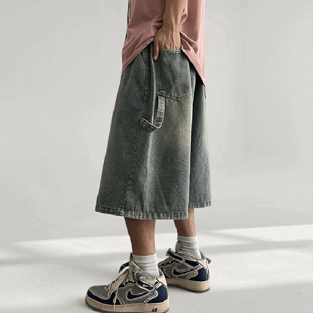 이드 밴딩 데님 워싱 카펜터 버뮤다 팬츠 (3color)
