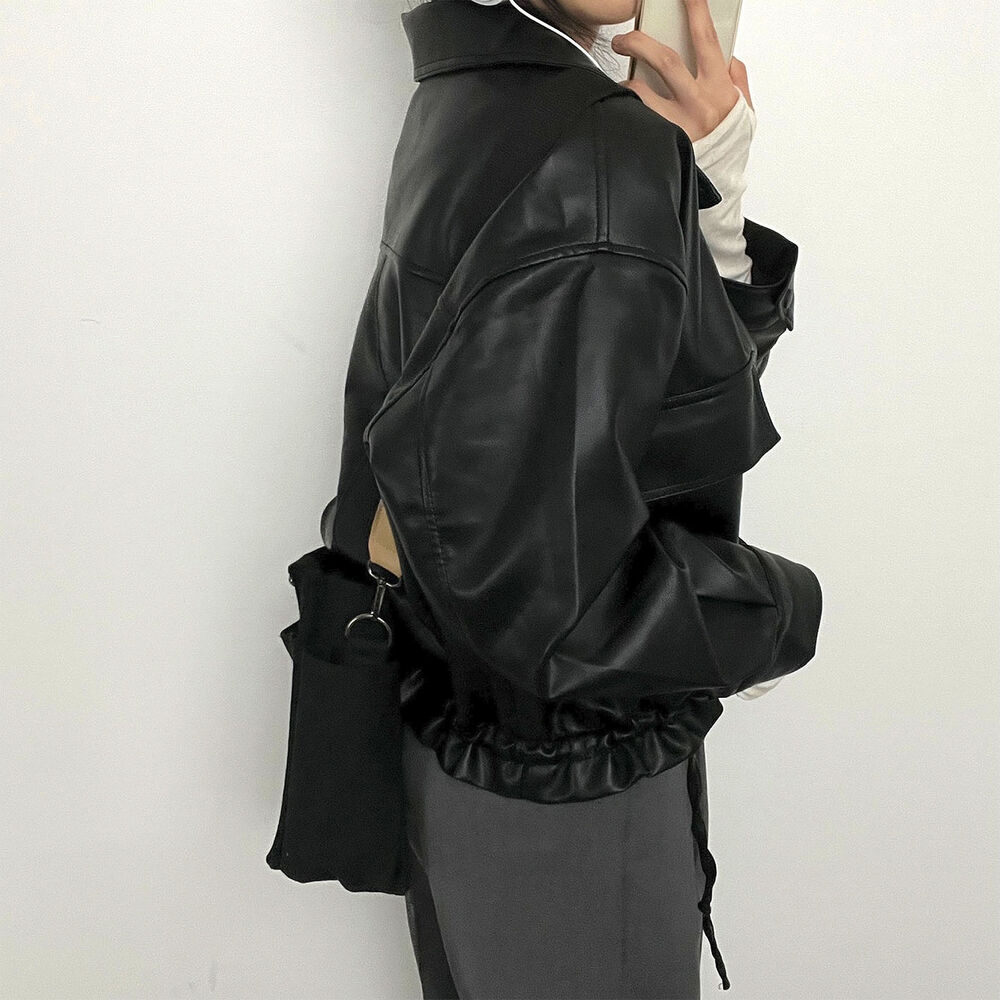 DIDDI MODA 黒 レザージャケット リボン KーPOP DIDDI MODA Sweet and cool ribbon retro black leather jacket