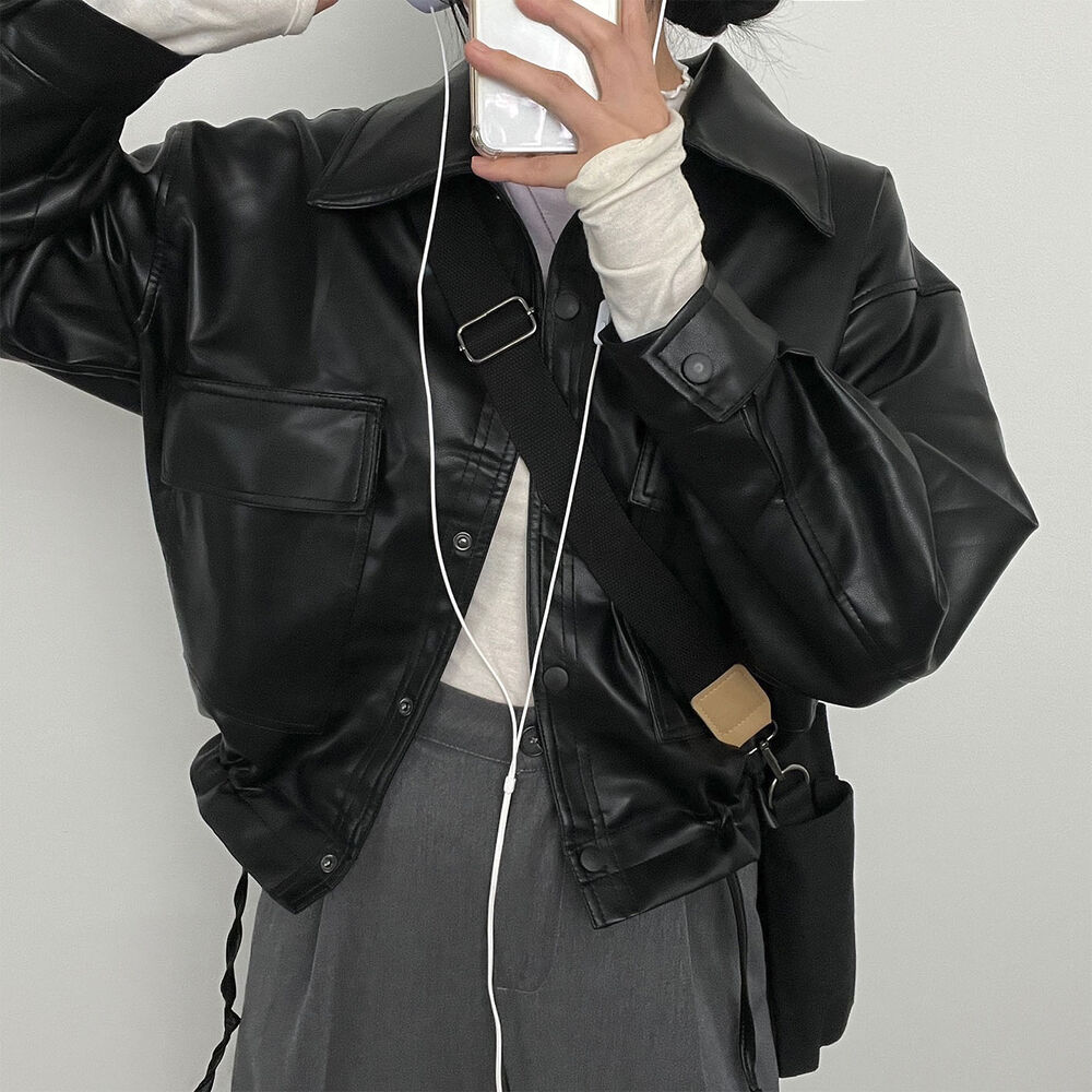 カラーポケットストリングレザーショートジャケット