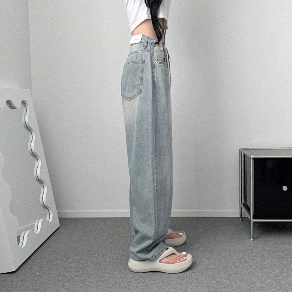 CURRENTAGEデニム ワイドパンツ ウエストリボン付 腰位置高めで脚長・洗える・カレンテージ】ハイウエストワイド