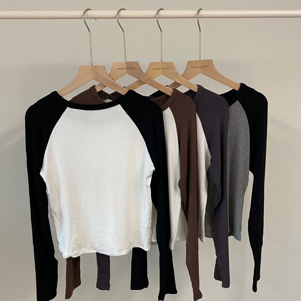 4カラー)リブラグランラウンドバイカラースリム長袖Tシャツ