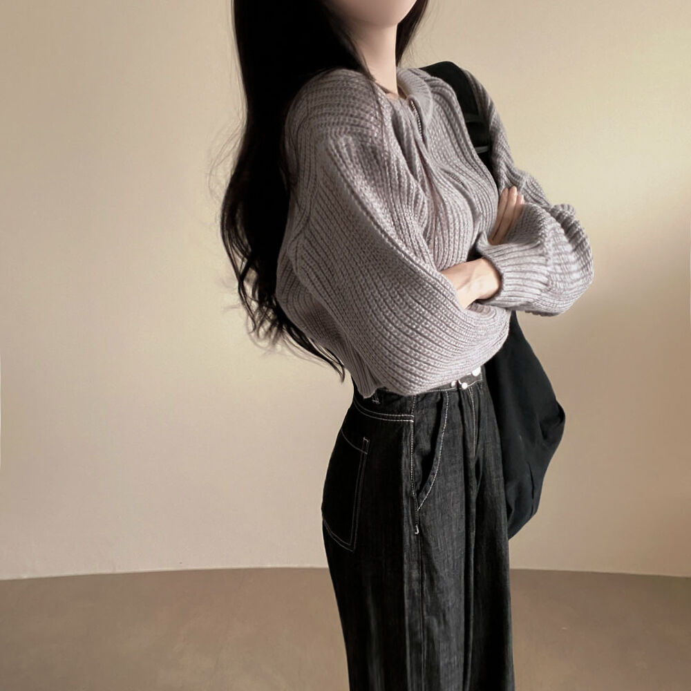 4カラー)クロップド透かし編長袖パーカーニットカーディガン