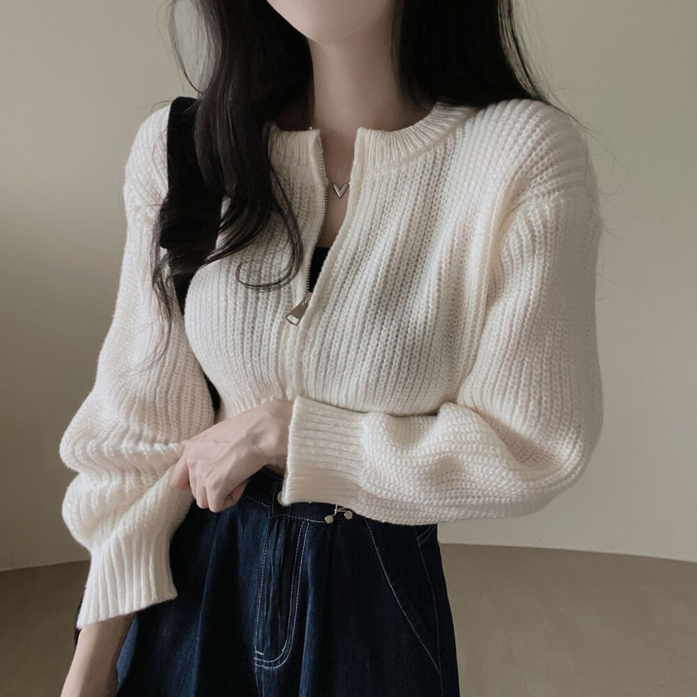 4カラー)クロップド透かし編長袖パーカーニットカーディガン